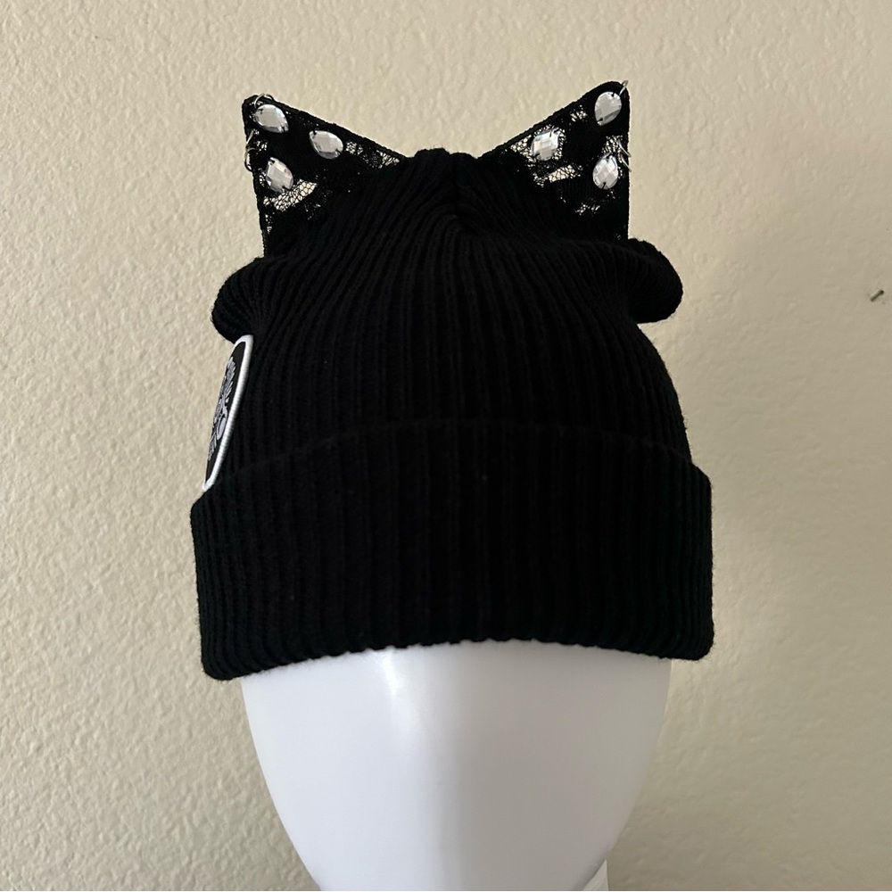 Kitty Kat Ears Rhinestones Lace Black Knit Pierced Beanie Hat - OS